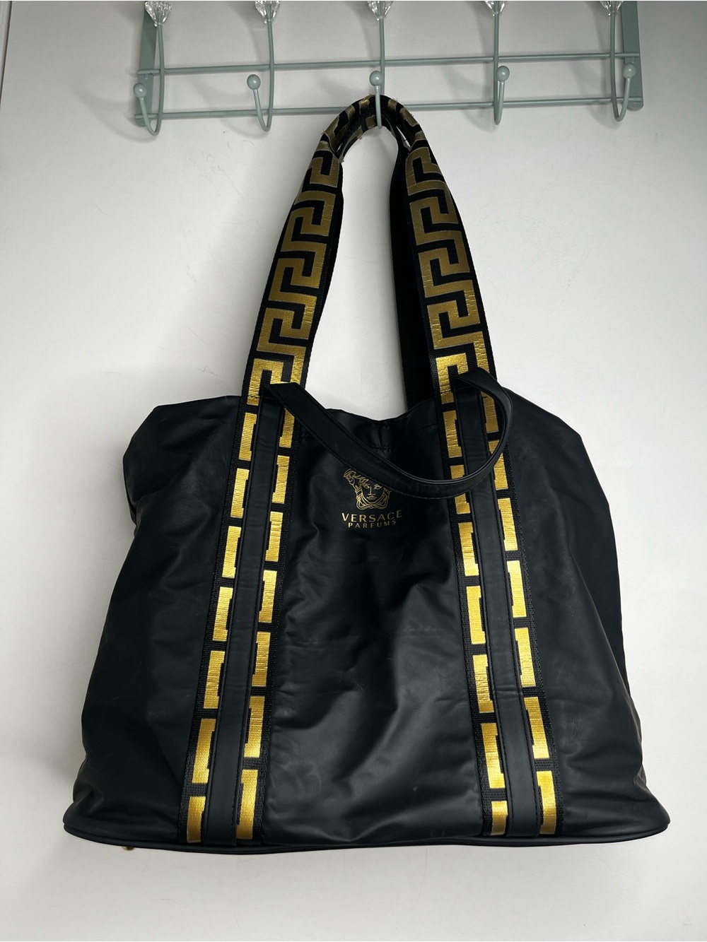 Versace Parfums Black Shoulder Bag Gold Medusa Logo Meandros Pattern Tote Bags
